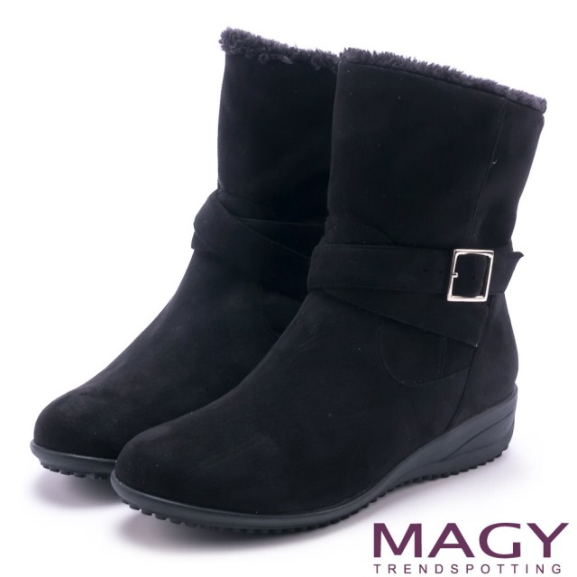 【MAGY】暖冬時尚 2WAY扣環捲毛絨布短靴(黑色)