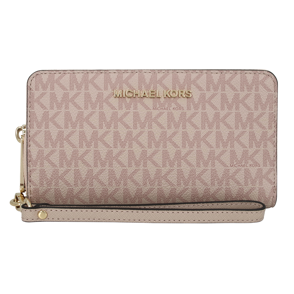 MICHAEL KORS 專櫃款 緹花LOGO防刮皮革拉鍊長夾-附掛帶/粉紅色