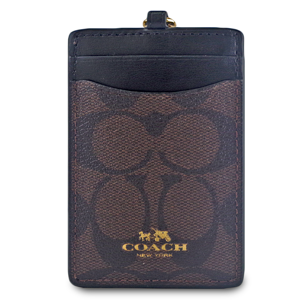 COACH LOGO防刮皮革證件票卡夾-咖啡色/黑色