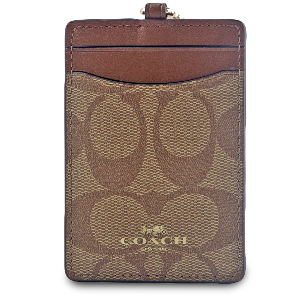 COACH LOGO防刮皮革證件票卡夾-棕色/焦糖色
