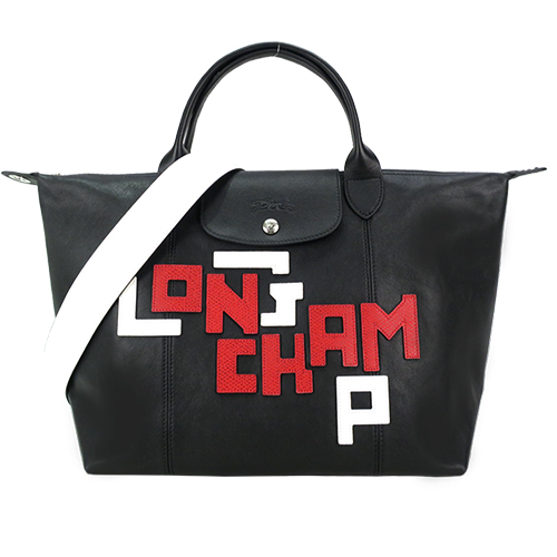 LONGCHAMP Le Pliage Cuir LGP系列小羊皮寬背帶短把折疊水餃包(中/黑)