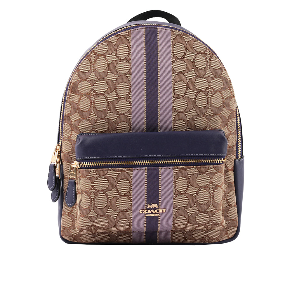 【COACH】緹花布+皮革條紋後背包(卡其/紫色) F68034 IMPUP