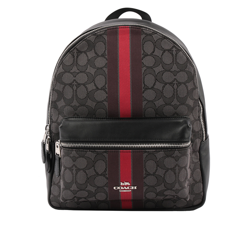 【COACH】緹花布+皮革條紋後背包(灰/黑色) F68034 SVREM