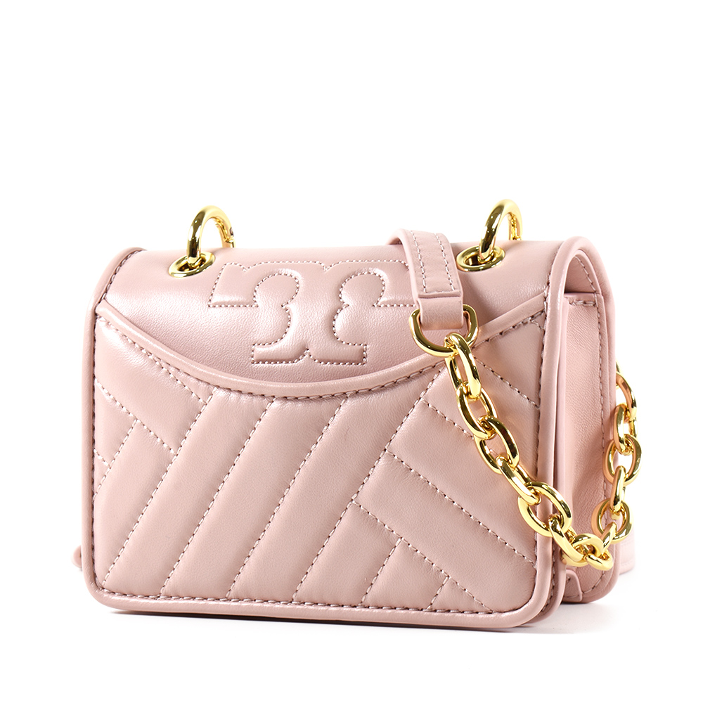 TORY BURCH 小羊皮幾何格紋鏈帶翻蓋斜背包-貝殼粉/迷你款