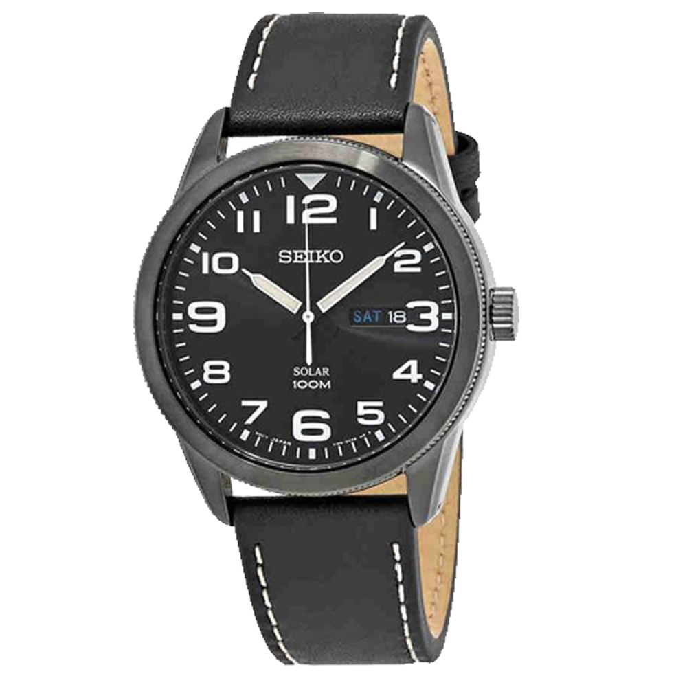 SEIKO 精工 石英男錶 皮革錶帶 太陽能 黑色 防水100米 夜光指針(SNE477P1)
