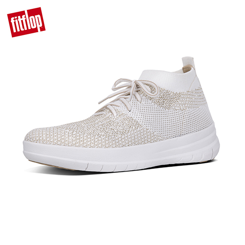 【FitFlop】UBERKNIT SLIP-ON HIGH TOP SNEAKER 輕量繫帶高筒休閒鞋(金蔥款) 金色/都會白