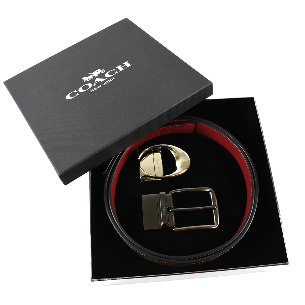 COACH 男款 滑面/緹花LOGO雙釦頭雙面用寬版皮帶禮盒組-棕色