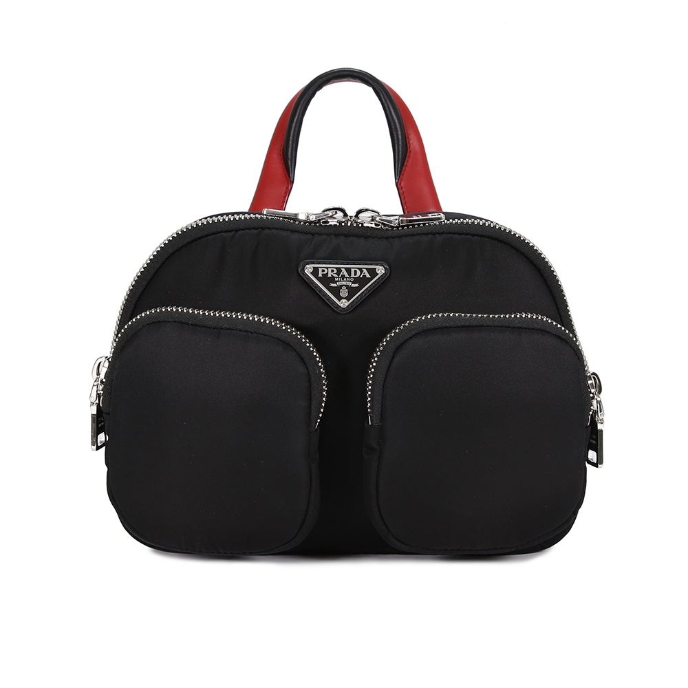 PRADA Nylon Cargo 尼龍雙口袋三角LOGO 手提後背包(黑/紅)