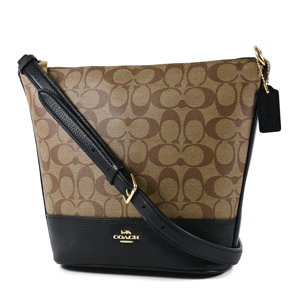 COACH 緹花LOGO防刮皮革鍊帶斜背水桶包-黑邊