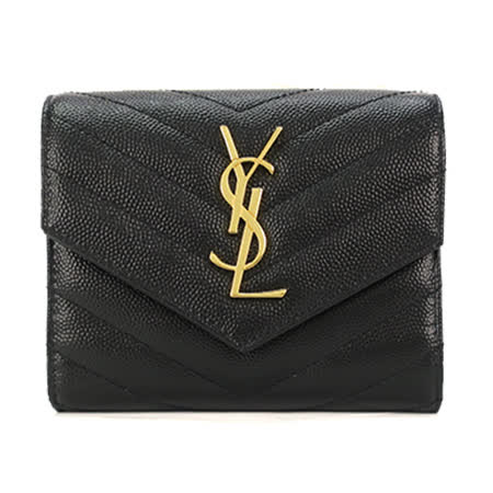 YSL MONOGRAM V字縫線魚子醬牛皮金屬LOGO三折短夾(黑)