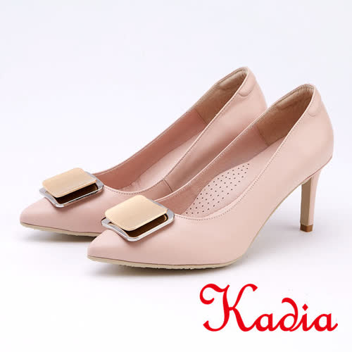kadia.典雅氣質 方型金屬釦環羊皮高跟鞋(9537-61粉色)