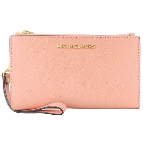 MICHAEL KORS JET SET 防刮皮革手拿包/手掛繩萬用長夾-淡粉