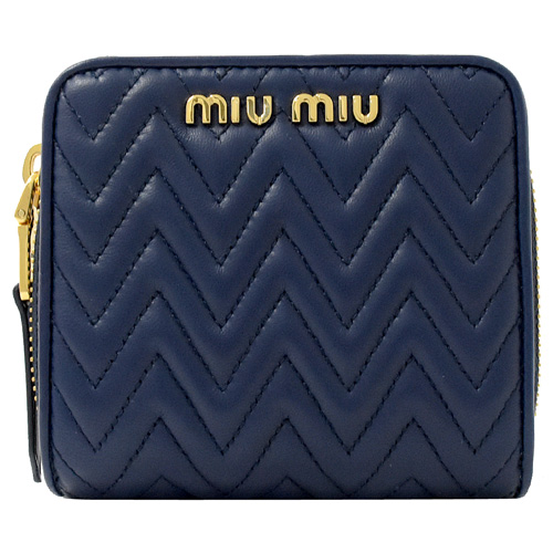 MIU MIU 經典抓皺羊皮兩折扣式零錢短夾.深藍