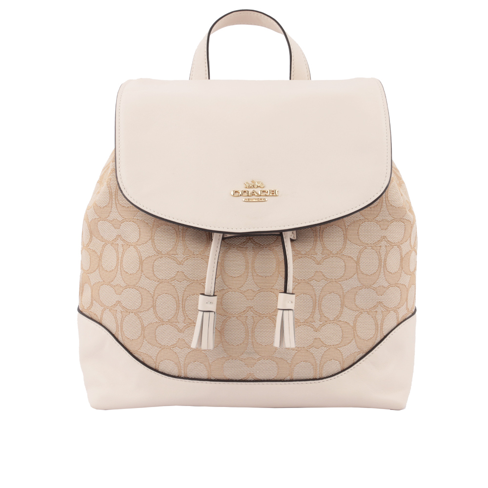 【COACH】緹花布+皮革束繩後背包(卡其/白) F73313 IMDQC