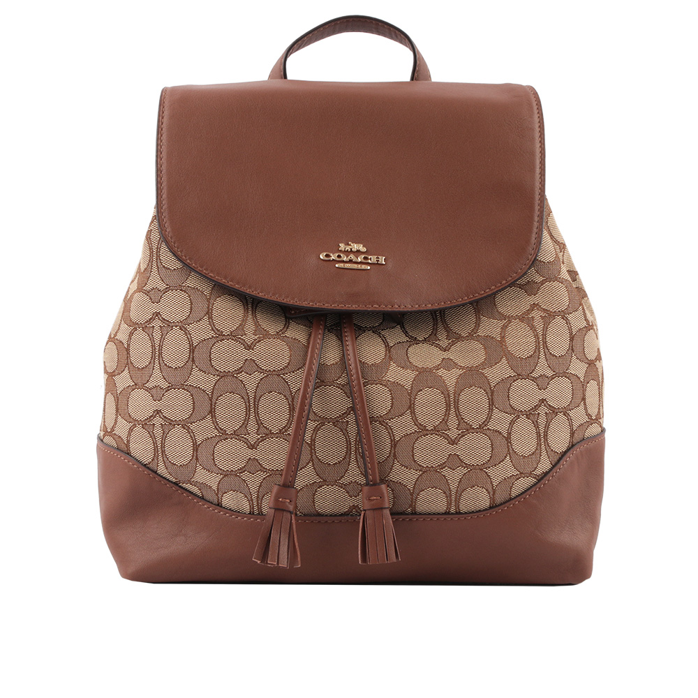 【COACH】緹花布+皮革束繩後背包(卡其/焦糖色) F73313 IME74