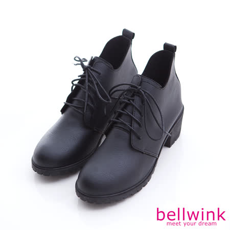 bellwink【b1016bk】日系抽綁繩皮革低跟靴