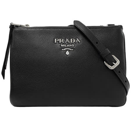 PRADA 浮雕銀字LOGO荔枝牛皮雙層斜背包.黑