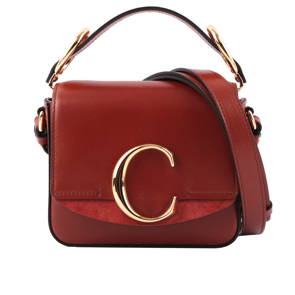 【CHLOE】Mini C BAG牛皮拚麂皮手提/斜背兩用包(棕色) CHC19US193A3727S