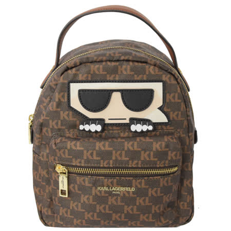 KARL LAGERFELD 卡爾 老佛爺公仔滿版字母後背包.咖