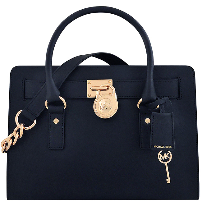 MICHAEL KORS Hamilton 防刮牛皮鎖頭鍊帶手提/肩背兩用包-星夜藍色