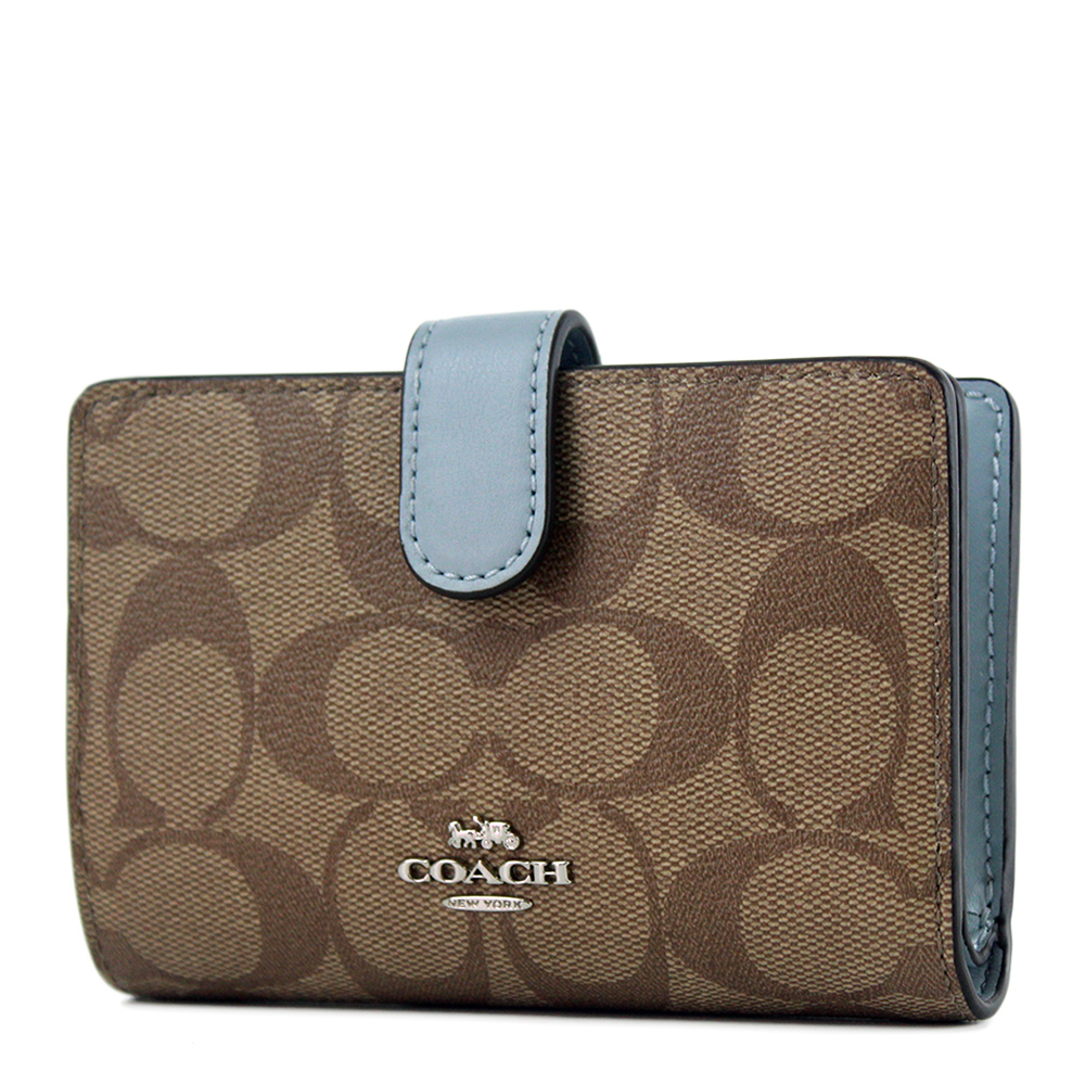 COACH 緹花LOGO防刮皮革釦式中夾-蒼白藍
