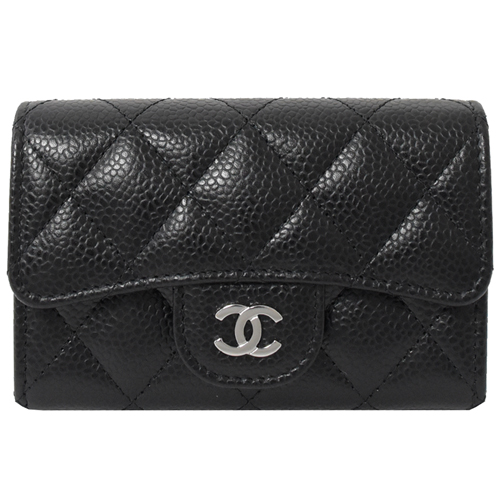 CHANEL 經典雙C LOGO粒紋牛皮名片零錢夾.黑