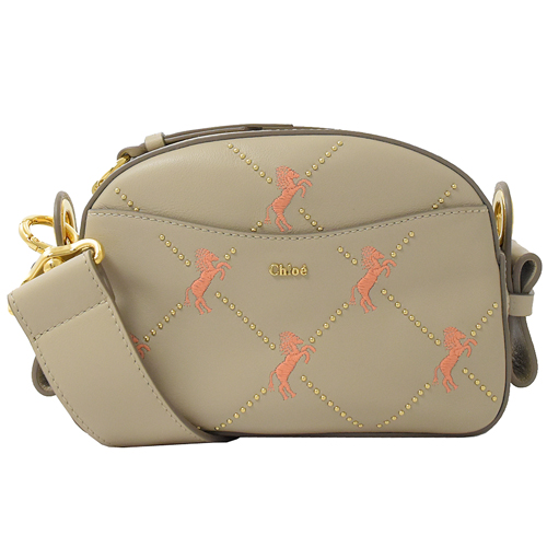 CHLOE Mini Signature 小馬刺繡小牛皮斜背包.裸灰