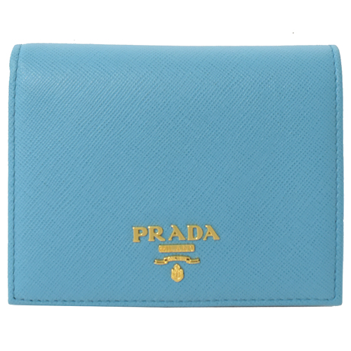 PRADA Saffiano 浮雕LOGO粒面扣式短夾.水藍