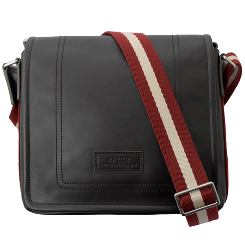 BALLY TERLAGO 壓印LOGO牛皮紅白織帶斜背郵差包.深咖