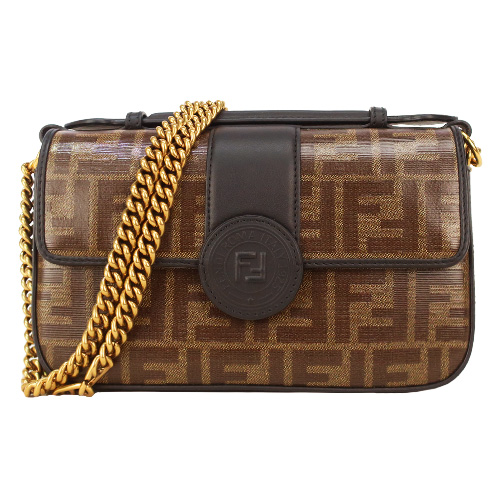 FENDI 素面牛皮拼接FF印花鏈袋斜背包(棕黑)