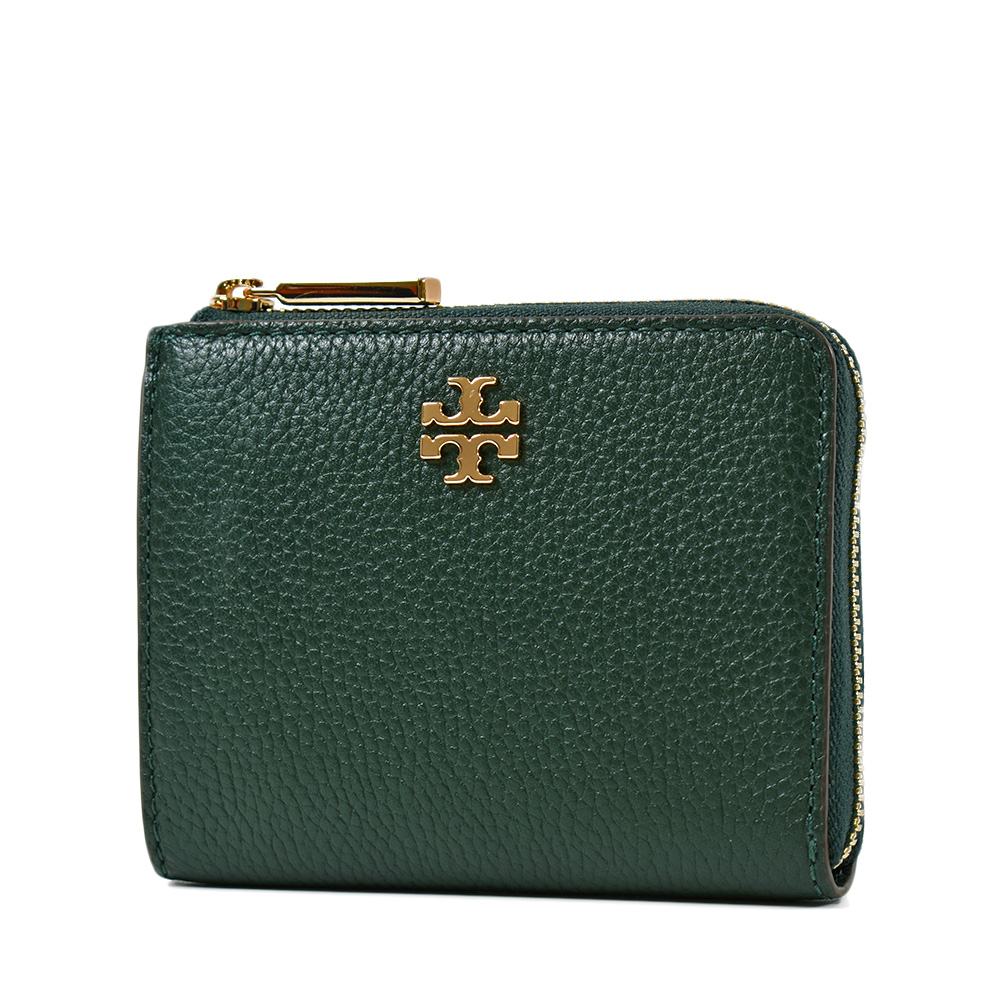 TORY BURCH 金屬LOGO荔枝紋L型拉鍊鑰匙/零錢包-墨綠