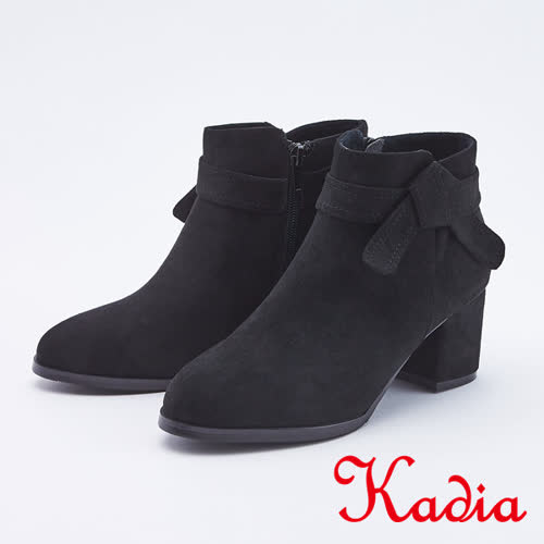 kadia．優雅紐結帶粗跟短靴(9708-95黑色)