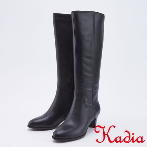 kadia．氣質優雅牛皮直筒高跟長靴(9855-90黑色)