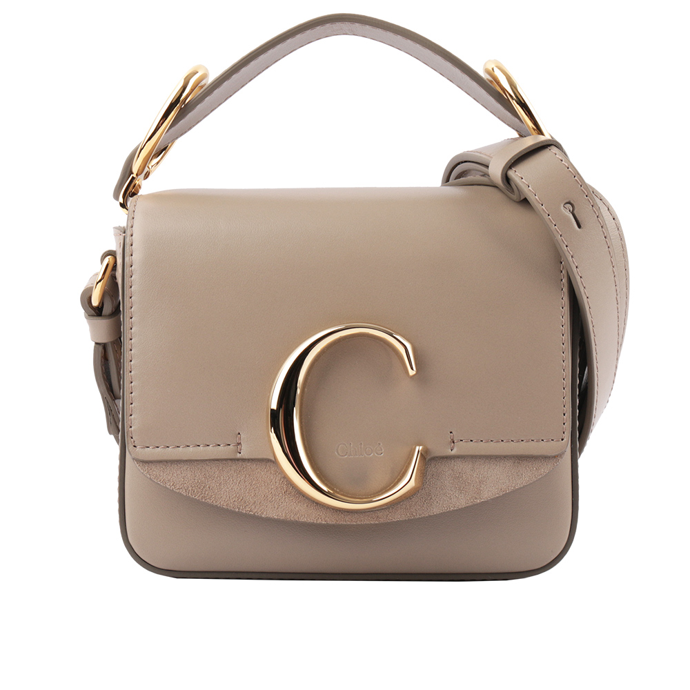 【CHLOE】Mini C BAG牛皮拚麂皮手提/斜背兩用包(灰色) CHC19US193A3723W
