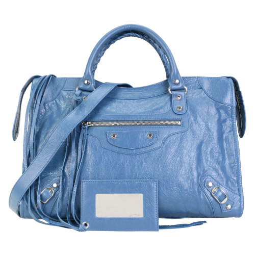 BALENCIAGA CLASSIC SILVER CITY亮銀釦羊皮手提/斜背機車包(天藍/長斜揹帶)