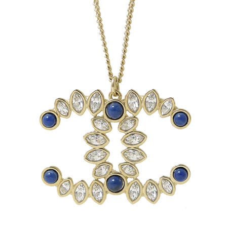 CHANEL 藍寶石水鑽鑲嵌雙C LOGO垂墜長項鍊.銀