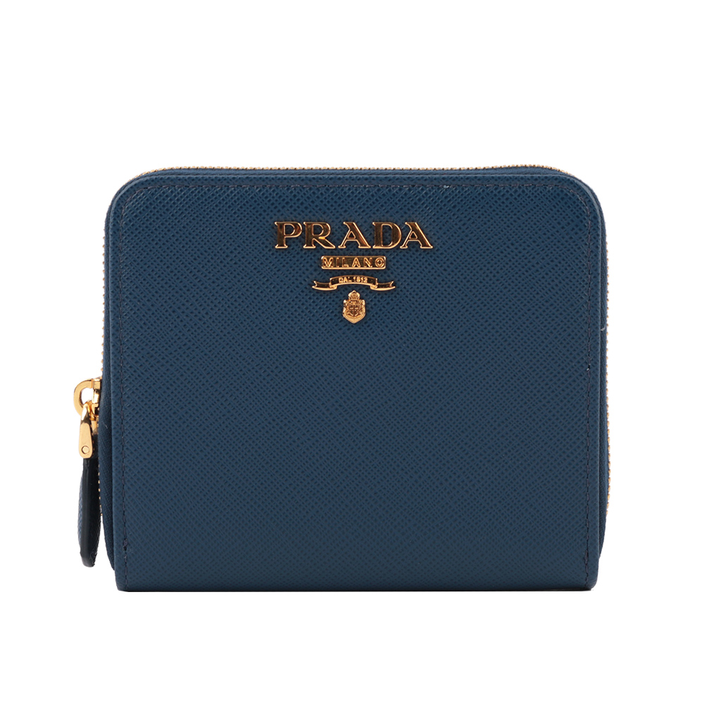 【PRADA】浮雕logo防刮拉鍊零錢袋短夾(深藍色) 1ML036 QWA F0016