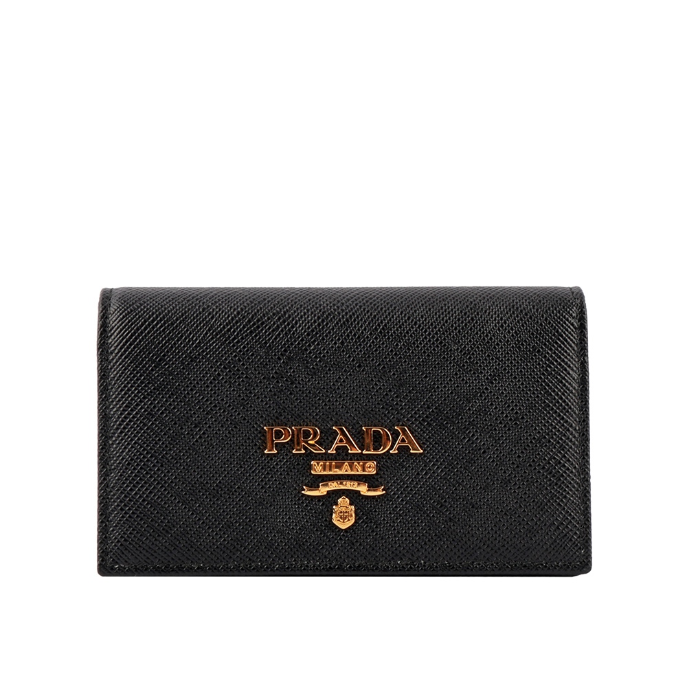 【PRADA】金屬浮雕logo防刮牛皮二折厚款名片卡夾(黑色) 1MC122 QWA F0002