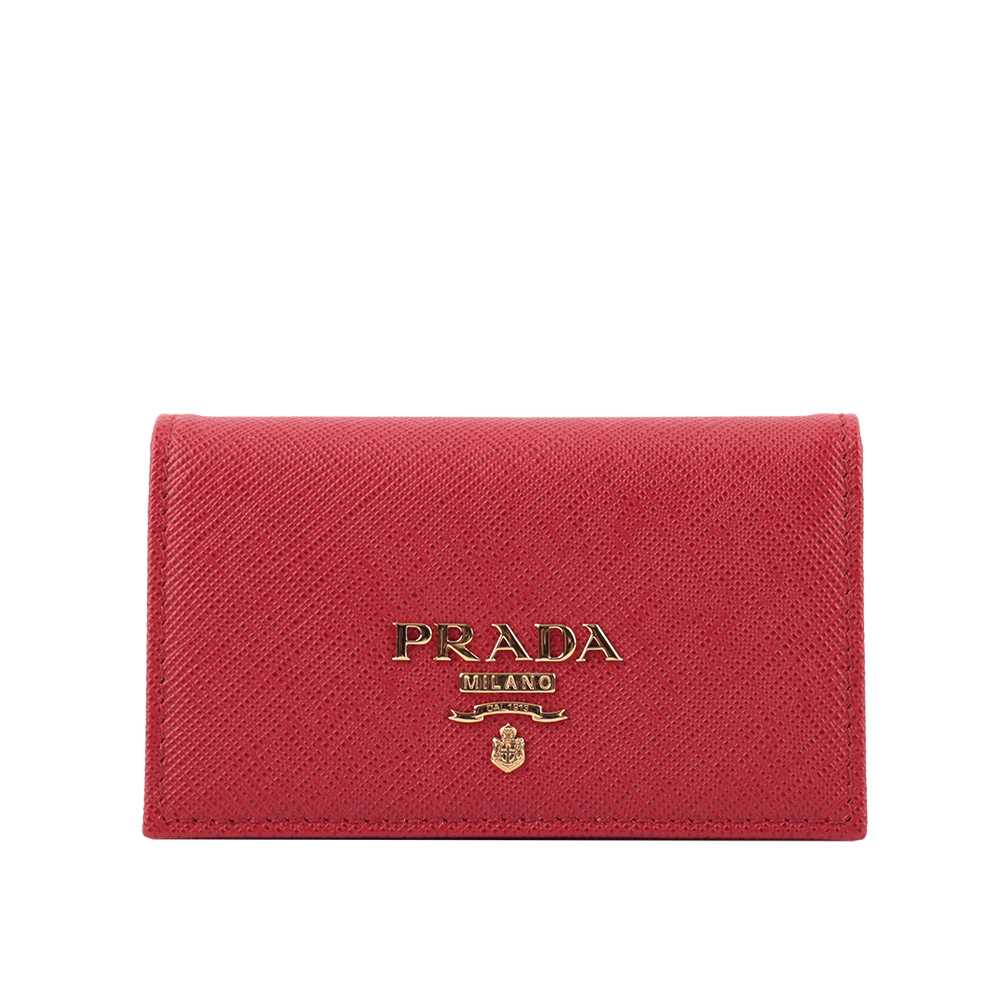 【PRADA】金屬浮雕logo防刮牛皮二折厚款名片卡夾(紅色) 1MC122 QWA F068Z