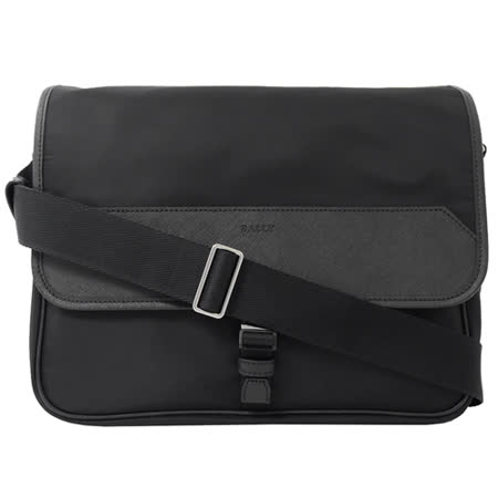 BALLY 壓印LOGO尼龍拼接斜揹郵差包.黑 大款