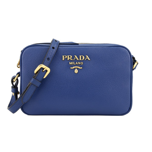 PRADA 金屬字母荔枝牛皮斜背相機包(藍色)
