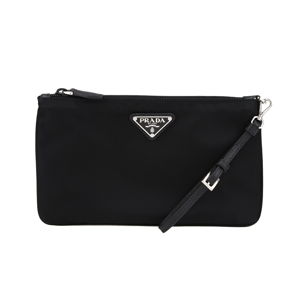 PRADA TESSUTO 銀色三角LOGO尼龍小型手拿萬用包(黑色)