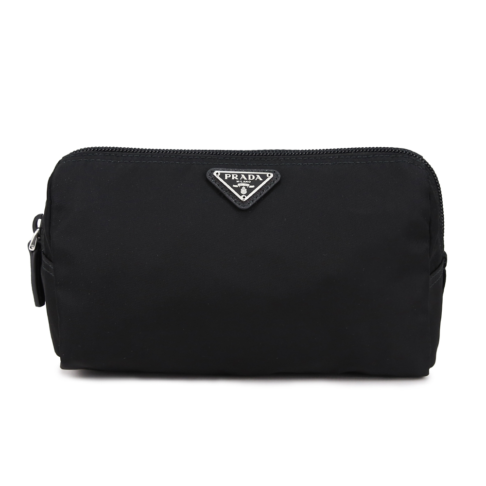 PRADA TESSUTO 銀色三角LOGO尼龍手拿化妝萬用包(黑色)
