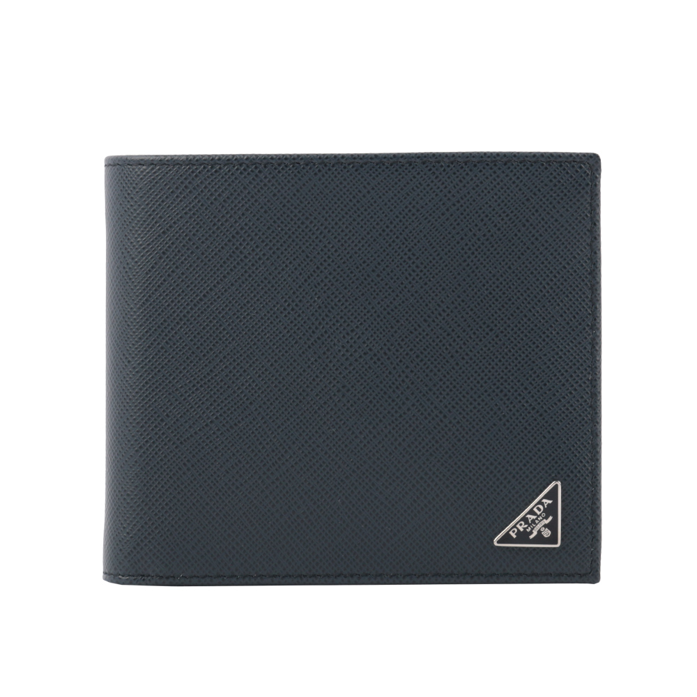 【PRADA】三角牌LOGO防刮牛皮對開短夾(深藍色) 2MO513 QHH F0216