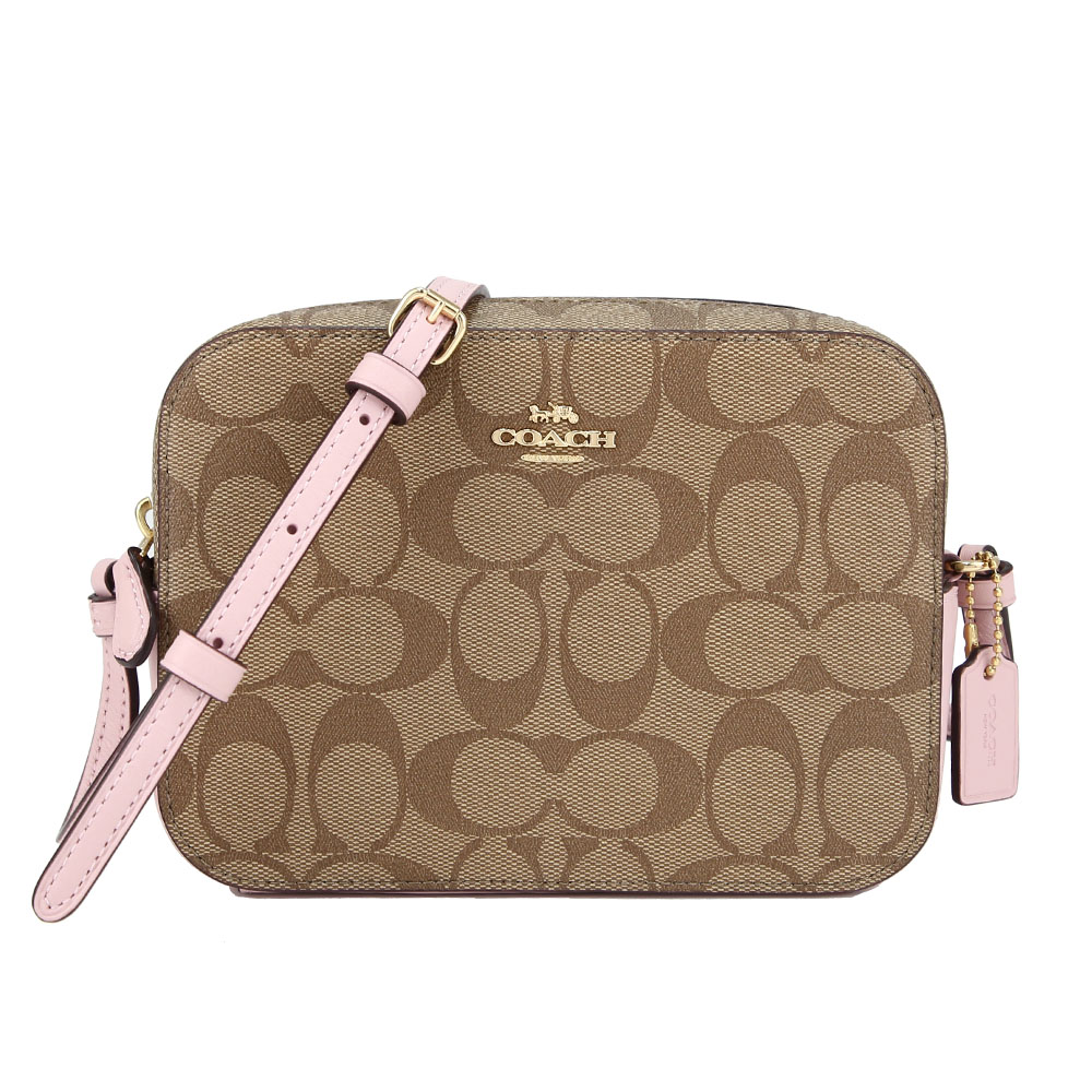 COACH PVC LOGO 拼接皮革小型相機斜背包(卡其/淺粉)