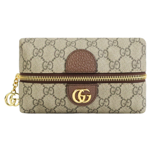GUCCI Ophidia GG LOGO皮革飾邊化妝包(烏木棕)