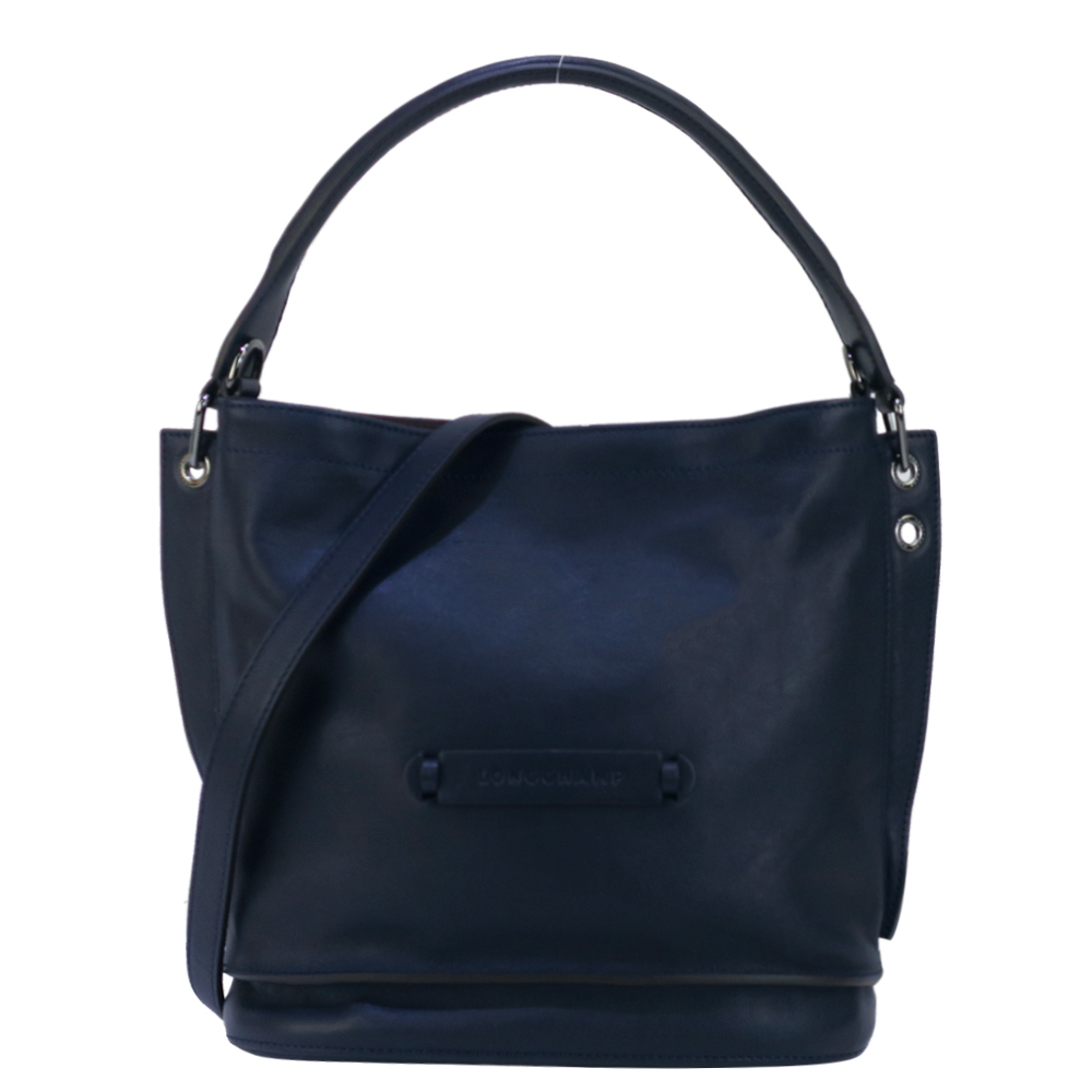 LONGCHAMP 3D系列HOBE牛皮素面手提/斜背兩用水桶包(深藍)