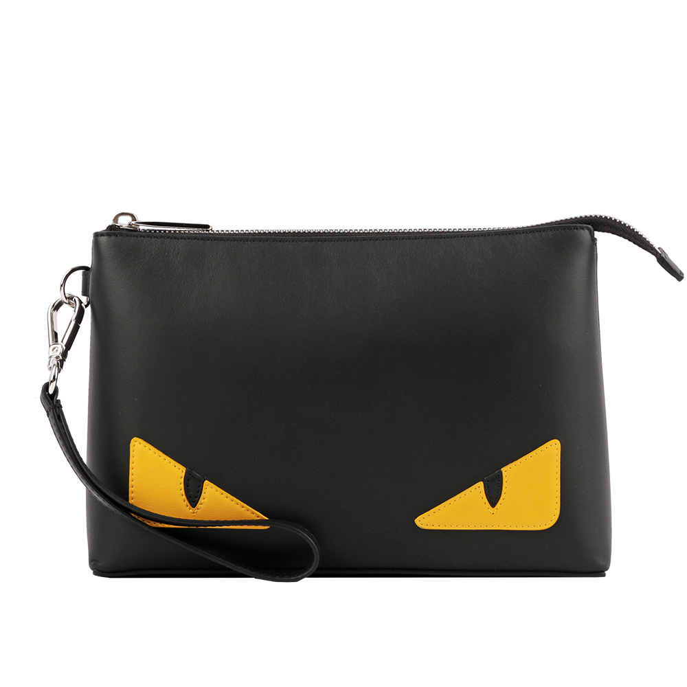 【FENDI】Bag Bugs黃眼睛小牛皮手拿包(附手把)(黑色) 7N0102 O73 F17HQ