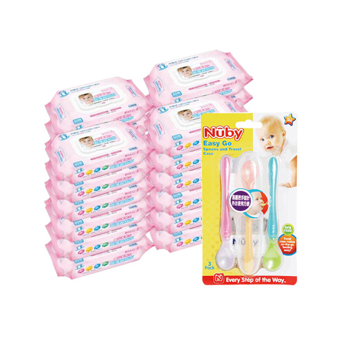 貝比Q EDI超厚超純水柔濕巾(80抽)x24包/箱/(無香料)+Nuby 旅行湯匙組(三入/附盒)/隨機出貨*1
