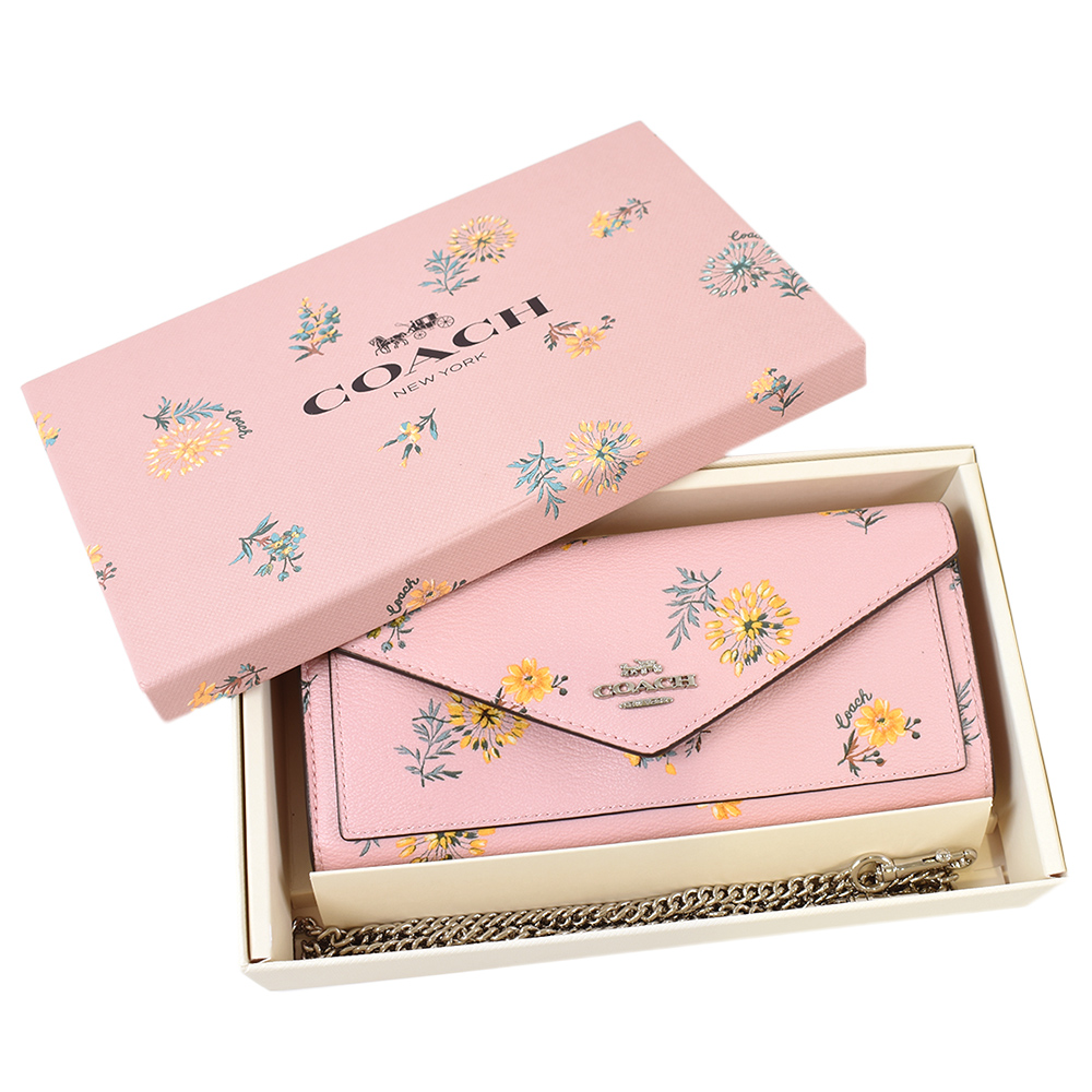 COACH 蒲公英防刮皮革翻蓋信封斜背長夾禮盒-粉色